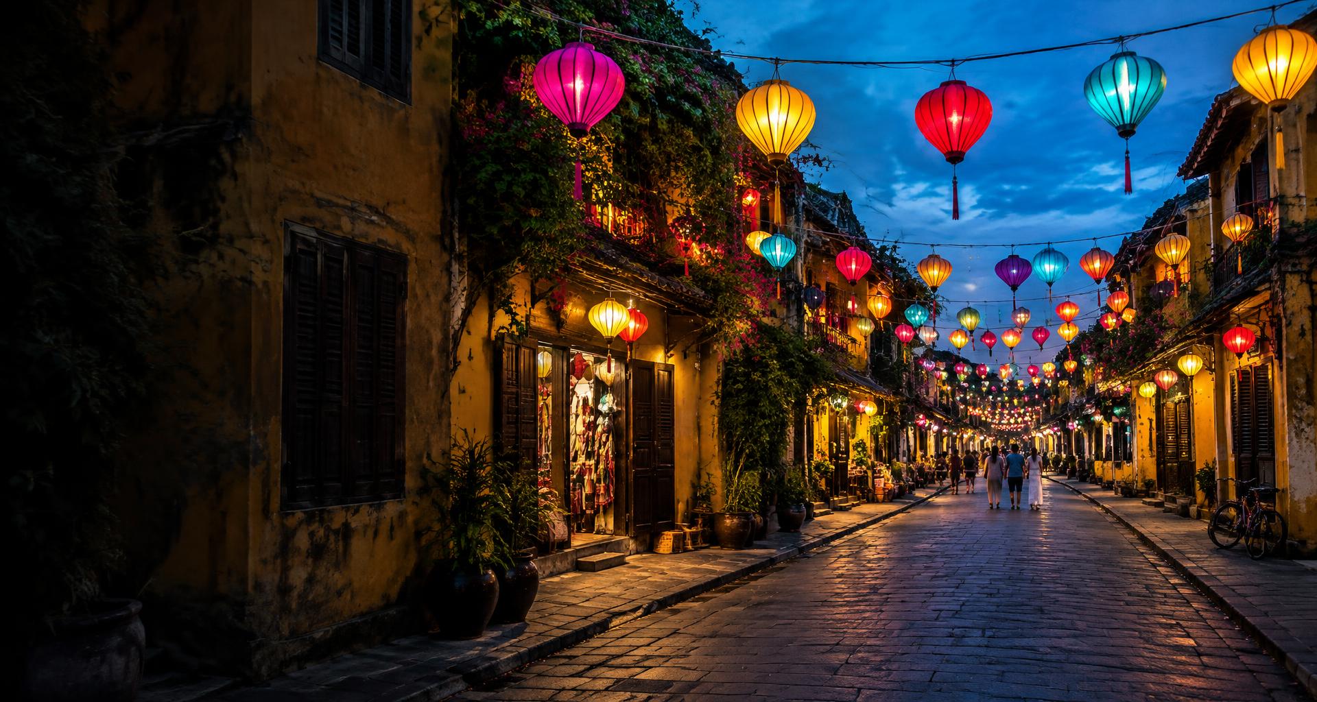 Illustrative Hoi An ancient-town street with colourful Vietnamese lanterns